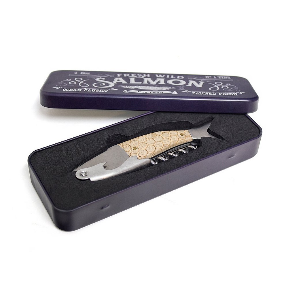 Balvi Wild Salmon Corkscrew Bottle Opener and Metal Steel/Wood Knife 26785